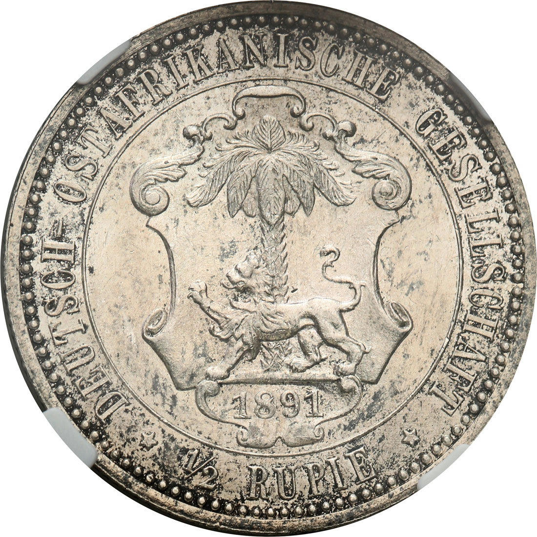 Niemcy. DOA, Afryka Wschodnia. Wilhelm II (1888-1918) 1/2 rupii 1891 NGC MS63